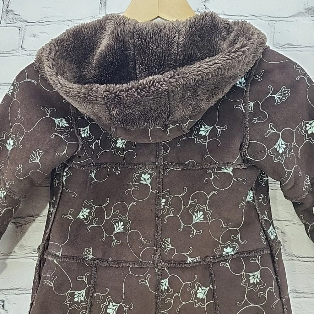 Rothschild Coat Girls Sz 4 Brown Faux Suede Embroidered Sherpa Lined‎
